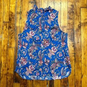 J.Crew Peasant Top Womens‎ Size 2 Blue Floral Print Sleeveless Ruffle Neck Split
